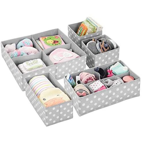 mDesign Soft Fabric Dresser Drawer and Closet Storage Organizer Set for Child/Kids Room, Nursery, Playroom - 5 Pieces, 15 Compartments - Fun Polka Dot Print - Gray/White