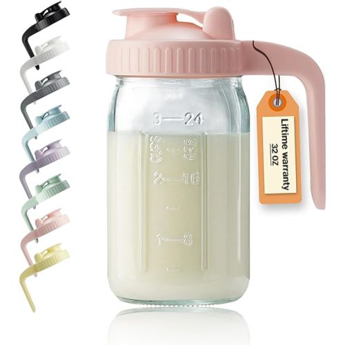32oz Glass Pitcher with Lid & V-shaped Pour Spout - 1 Quart Breastmilk Pitcher Double Leak Proof, Creamer Container for Sun Tea, Juice, Cold Brew Coffee, Breastmilk Storage Container