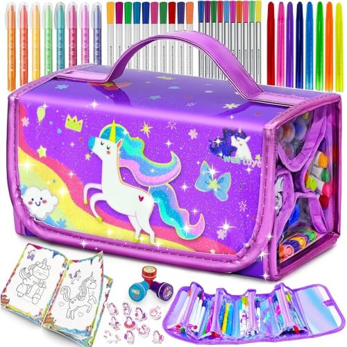56 PCS Washable Scented Markers Set with Glitter Pencil Case, Kids Art Set Mermaid Unicorn Arts and Crafts for kid 4-6-8 Kids Drawing Set for 4-8 Years Old Girls Birthday Gifts
