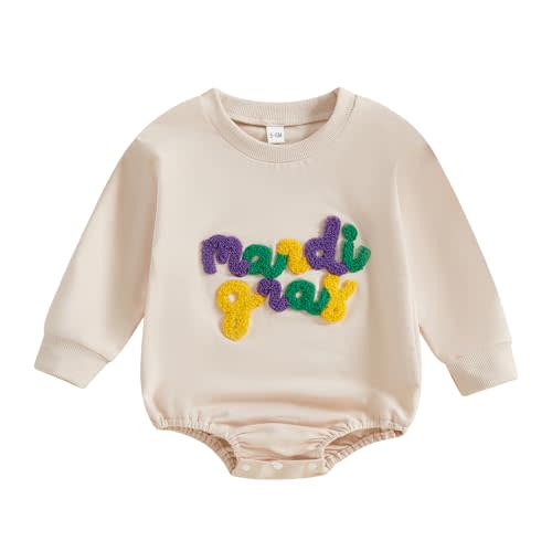 Infant Baby Girl Boy Mardi Gras Outfit Letter Embroidered Long Sleeve Bubble Romper Sweatshirt Fall Clothes
