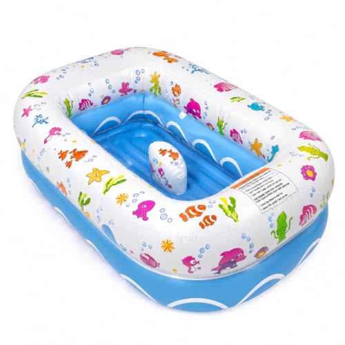 Mommy's Helper Inflatable Baby Bathtub, Portable Bathtub, Ages 6-24 Months | Under the Sea travel baby bathtub with saddle horn support, phthalate-free material, compact fold-flat storage and drain plug