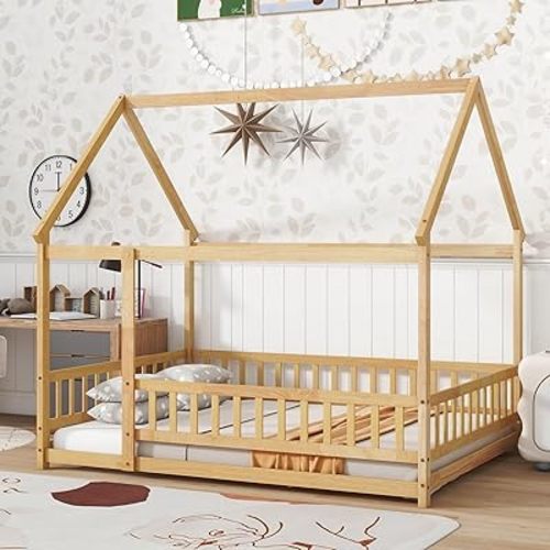 Bellemave Full Size House Bed Frame,Solid Wood Montessori Floor Bed with Fence and Roof for Kids Girls Boys,Natural