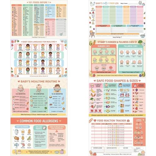 JELLY BEAN GENIUS Baby Feeding Poster Set (4 Pack) – 101 Foods Before 1, Food Introduction, Mealtime Routine & Sign Language | Laminated Baby Feeding Charts 11x17