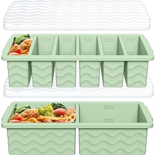 2-Pack Silicone Freezer Trays with Lid, 2 Large 2-Cup(500ml) & 6 Small 1/2-Cup(125ml) Soup Freezer Container Molds, Ice Cube Tray For Meal Prep & Freezing Soup, Stews, Sauces, Oven & Dishwasher-Safe