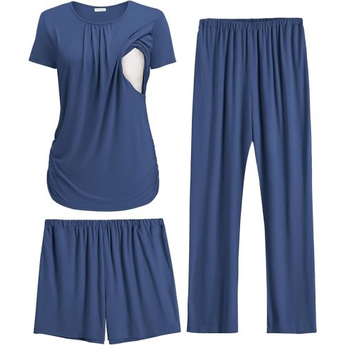 Ekouaer Maternity Nursing Pajamas Set 3 Piece Postpartum Lounge Breastfeeding Pjs Pregnancy Shorts & Pants S-XXL