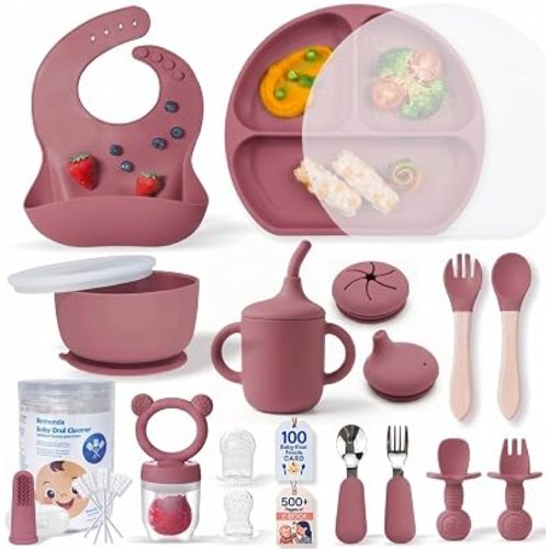 Remonda 23-Piece BPA-Free Baby Silicone Feeding Set | Extra Large Suction Plates, Toddler Bowls, Self Feeding Spoons, and More | Dishwasher Safe| Infant Led Weaning Supplies (Red)02