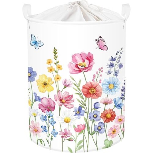 Colourful Flowers Laundry Hamper Large Storage Basket Floral Collapsible Adult Organizer Kids Clothes Toys Bins for Bedroom, Bathroom, Pinkish Purple, 63L
