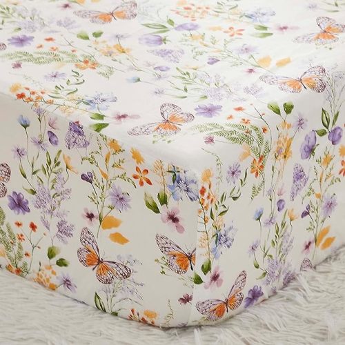 Brandream Luxury Softer Thicker Crib Sheets Set, Cotton Wildflower Butterfly Printed Toddler Sheets for Baby Girls, Breathable Comfy Durable, 28"x52" - Purple Pink Sage Green White