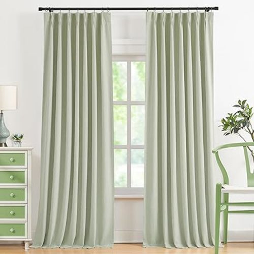 WEST LAKE Pinch Pleated Curtain Panels 84 Inches Long,Soft Green Linen Blended Full Blackout Drapes for Bedroom Living Room,Thermal Insulated Window Treatment,Back Tabs Hooks,40" Wx84 L(Pack of 2)