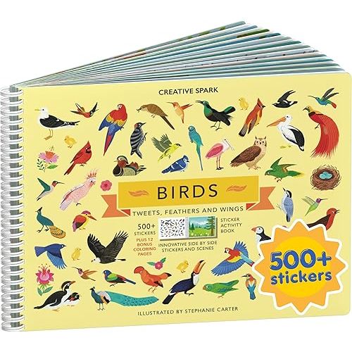 Cupkin Bird Sticker Book Activity for Kids, Toddler Airplane Travel Essentials, 500+ Parrot Stickers + 12 Scenes + 12 Coloring Book Pages, Bird Lover Kids Gift, Kid Crafts for Ages 2–8 Years