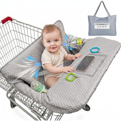 Shopping Cart Cover for Baby, Air Cool & Breathable Fabric All Seasons Grocery Cart Cover, Universal Fit for Most Shopping Carts & Restaurant High Chair with Multi Storage, Gray