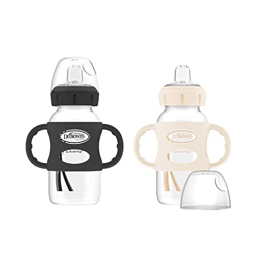 Dr. Brown's Milestones Wide-Neck Sippy Spout Bottle with Silicone Handles 9oz 270mL 6m+ Black and Ecru 2-Pack