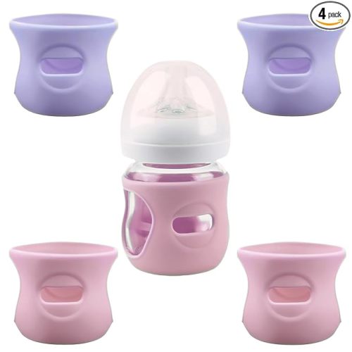 4 Pack Silicone Sleeves for Avent Natural Glass Baby Bottles, Anti Breakage Baby Bottle Holder, Compatible with Philips Avent Glass Natural Baby Bottle, BPA Free (Pink Purple, 4 OZ)