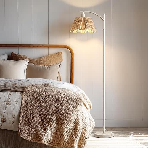 Nursery Rattan Floor Lamp with Remote & Dimmable Bulb, White