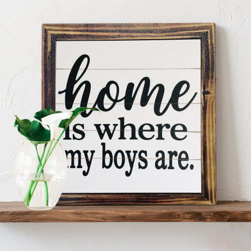 Home Is Where My Boys Are Framed Wood Sign Housewarming Gift, Wood Framed Wall Sign Wall Art For Home Decor, Inspirational Sign Farmhouse Wall Decor Sign For Living Room Bedroom Desktop Decoration