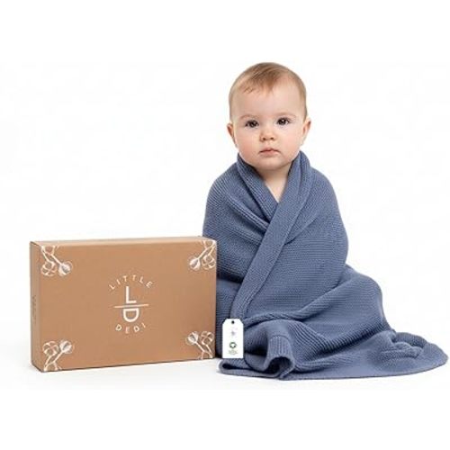 100% Organic Cotton GOTS Certified Baby Knitted Blanket with Gift Box - Soft Toddler, Crib, Stroller Blanket - Neutral Swaddle and Receiving Blanket for Newborns, 30"x40", Grey Blue