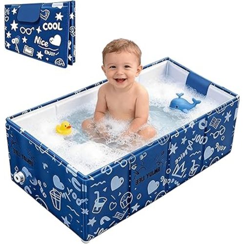 Baby Bathtub, 5-Layer Anti-Tear Foldable Toddler Bath Tub with Padded Bottom Drain Plug, Portable Collapsible Baby Bath for Travel, Shower, Sink, Indoor & Outdoor, 6 Months to 5 Years
