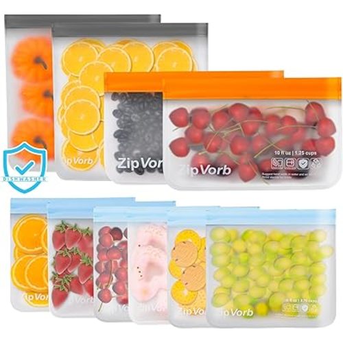 10-Pack Reusable Bags for Kitchen Organization - Dishwasher Safe, BPA-Free, and Leakproof - Includes 2 Gallon, 6 Sandwich, and 2 Snack Bags for Meat, Cereal, and Veggies