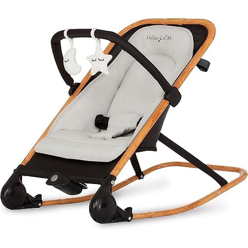 Dream On Me Rock On Me 2-in-1 Baby Rocker and Stationary Seat, Adjustable Recline, Gentle Music & Vibration, 3-Point Safety Harness, Detachable Toy Bar, Folds Compact for Travel – Black & Grey