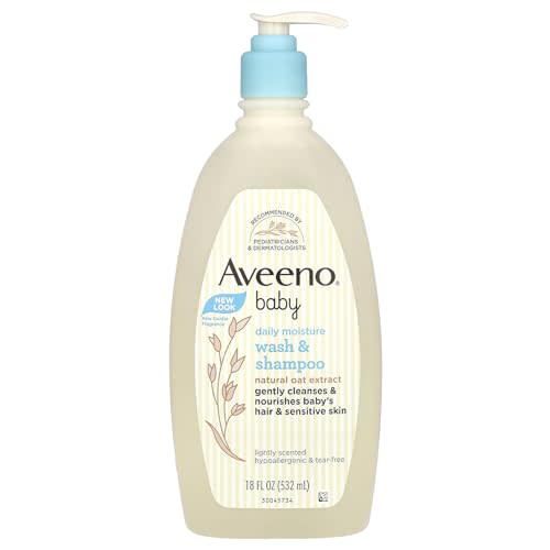 Aveeno Baby Daily Moisture Wash & Shampoo, Tear-Free, 18 fl. oz | 2-in-1 Baby Wash and Hair Shampoo with Oat Extract, for Sensitive Skin and Hair, No Added Parabens