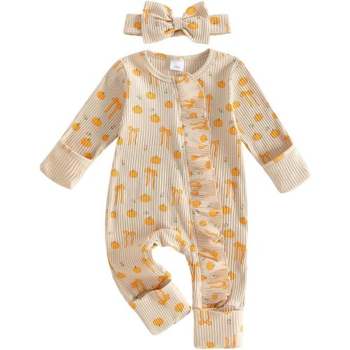 My First Halloween Baby Girl Outfit Newborn Pumpkin Ghost Jumpsuit | Halloween Baby Girl Outfits Newborn Pumpkin Ghost Print Jumpsuit Long Sleeve Romper And Bow Headband Cute Infant Fall Clothes
