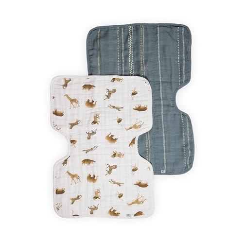 Little Unicorn 100% Certified Natural Organic Cotton Burp Cloth 2 Pack | Ultra-Absorbent & Soft Muslin Fabric | Larger Size & Ergonomic Design (Animal Crackers + Stillwater Stitch)