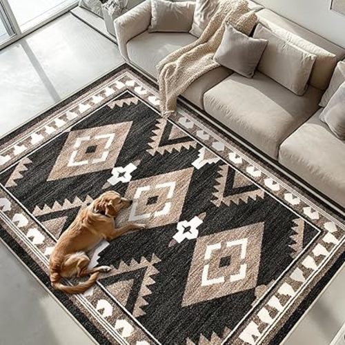 Tijuboni Western Rugs for Living Room Non Slip, Southwestern Area Rugs for Dining Room Kitchen Bedroom Nursery, Washable Rubber Backing, 6x9 Aztec Black-White-Brown