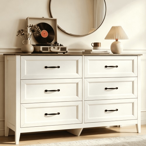 Lofka White Wooden 6 Drawer Dresser for Bedroom, Wide Storage Organizer Cabinet for Closet Living Room