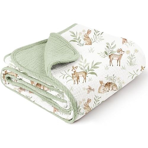 Konssy Muslin Baby Blankets for Girls Boys, 100% Cotton Crib Blanket for Infant Toddler, Super Soft and Lightweight Nursery Swaddling Wrap 40"x36" (Woodland)