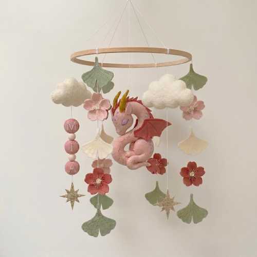 Dragon Baby Mobile Personalized Name, Fantasy Nursery Decor, Pink Dragon Crib Mobile, Floral Felt Baby Mobile, Custom Baby Gift