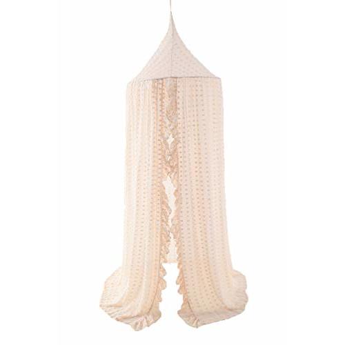 Wonder Space Elegant Kids Bed Canopy - Lace Chiffon Netting with Pom Pom, Princess Girls Fairy Dream Tent, Nursery Room Baby Crib Hanging Curtain Mosquito Net Children Reading Nook Decoration (Beige)