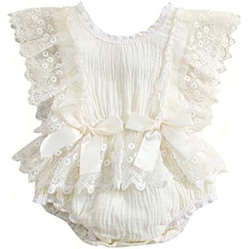 Infant Baby Girl Lace Rompers V-Back Bowknot Bodysuit Cute Newborn Ruffle Clothes White