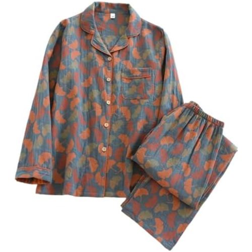 Vintage Leaf Cotton Lapel Loungewear Set, Ginkgo Leaf Button Colorful Floral Pure Pajama, Women's Pajama Two Piece Set