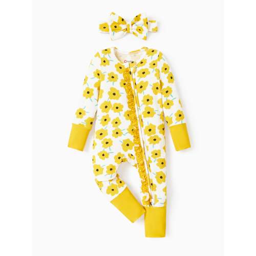 Bamboo Baby Boy/Girl Animal Printed 2-Way Zipper Anti Slip Long-sleeve Footie with/without Hairband Yellow