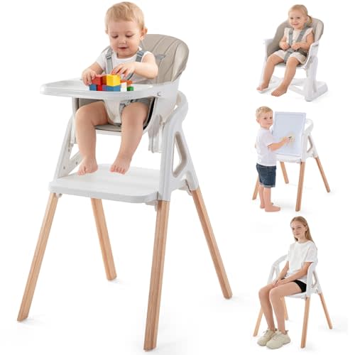 Baby High Chair, 4 in 1 Wooden Convertible High Chair for Babies and Toddlers with Erase Board, Highchair for Baby & Toddler, 5-Point Safety Belt & Waterproof PU Cushion (Beige)
