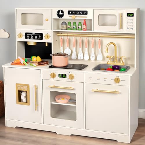 Wooden Toddler Play Kitchen Set Toys, Kids Kitchen Playset with Accessories, Cooking Stove, Play Sink, Play Food, Kitchen Accessories for Baby Toddler Kids Toys, Pretend Toy Kitchen for Girls Boys