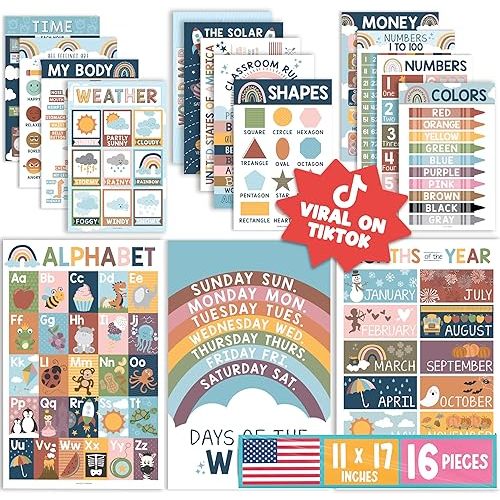 Hadley Designs 16 Educational Posters for Toddlers 1-3, Laminated Toddler Learning Posters for Preschool & Kindergarten, ABC Chart, Numbers, Colors, Shapes, Days of The Week, Boho Classroom Decor