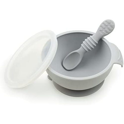 Bumkins Suction Silicone Baby Feeding Set, Bowl, Lid, Spoon, BPA-Free, First Feeding, Baby Led Weaning - Gray