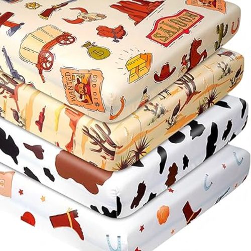 Fitted Baby Crib Sheets Set of 4, Unisex Crib Sheets for Boys Girls, Soft Neutral Crib Mattress Sheet, Breathable for Standard Crib and Toddler Mattress, 52 x 28 Inch (Western Cowboy)