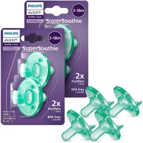 Philips Avent Soothie Orthodontic Baby Pacifiers, 100% Silicone Pacifiers, One Piece, BPA-Free, for Babies 3-18 Months, Green, 4 Pack, Model SCF192/45