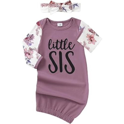 AMAWMW Newborn Baby Girl Little Sister Sleeper Gown Stripe Long Sleeve Nightgown Pajamas Gifts Stuff Essential Outfit