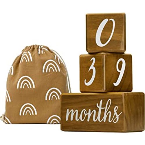 Pondering Pine Baby Milestone Blocks - Natural Pine Wood with Weeks Months Years Grade - Milestones Age Block Set with Boho Rainbow Bag, Newborn Weekly Monthly First Year Picture Props, Earth Friendly
