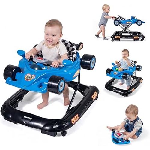BABY JOY 4-in-1 Baby Walker, Foldable Activity Walker with Adjustable Height, Music & Lights, Anti-Rollover, Toddler Push Walker, Baby Walker with Wheels for Boys Girls 6-14 Months (Blue)