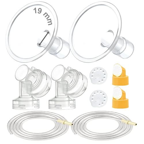 Maymom Breast Pump Kit Compatible with Medela Pump in Style Advanced Pump; 2xTwo-Piece 19mm Breastshield, 2 Valve, 4 Membrane, 2 Replacement Tubing; Replacement Part for Medela Shield, Silicone Valve