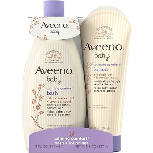 Aveeno Baby Calming Comfort Bath & Lotion Set, Nighttime Baby Skin Care Products with Natural Oat, Lavender & Vanilla Scents, Paraben-, Phthalate- & Phenoxyethanol-Free, 2 Items