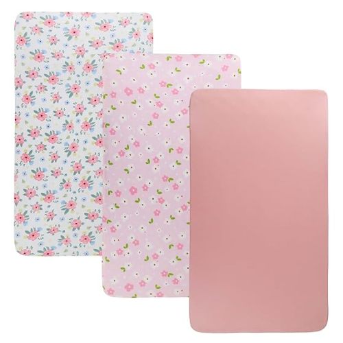Onacosht Stretchy Bassinet Sheets 33" x 19" Compatible with Mika Micky, KoolaBaby (3 in 1), BabyBond, HARPPA and RICUTON Bedside Bassinet, 3 Pack for Baby Boy and Girl, Pink Floral