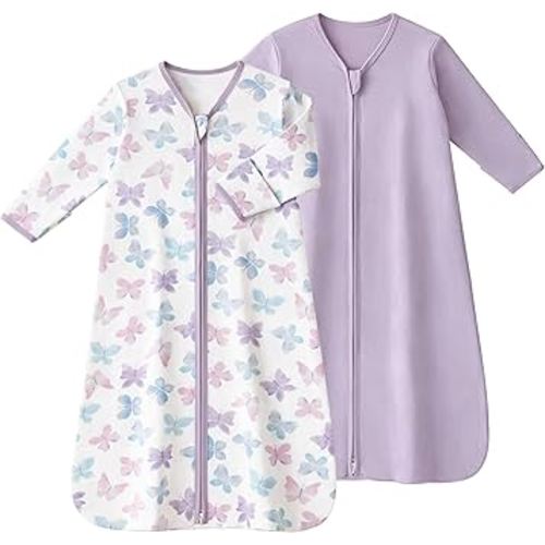 Baby Sleep Sack 12-18 Months, Long Sleeve Baby Wearable Blanket 0.5 Tog with Mittens, 2-Way Zipper Toddler Cotton Sleeping Sack for Boy and Girl Purple Butterfly 2 Pack(Large)