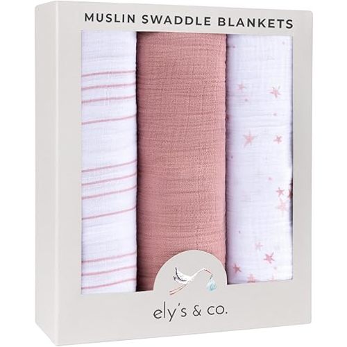 Ely's & Co. Muslin Swaddle Blanket 3-Pack for Baby Girl — 100% Cotton Muslin Extra-Large Swaddle Blankets (47” x 47”) — (Mauve Pink Stars │ Solid Dusty Rose │ Dusty Rose Stripes)