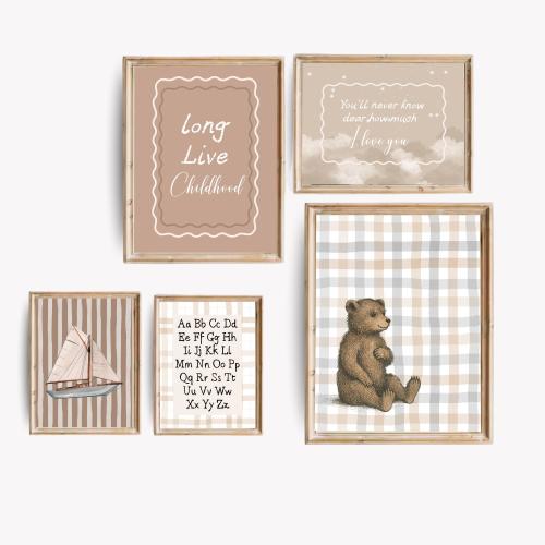 Set of 5 Vintage Nursery Gallery Wall Prints, Preppy Autumn Bear Wall Art, Gender Neutral Nursery Decor,You'll Never Know Dear Nursery Print