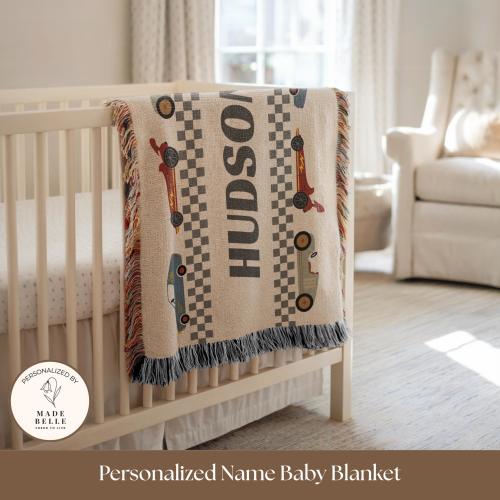 Personalized Race Car Baby Blanket Custom Name Retro Boho Nursery Decor Vintage Style Race Car Throw for Newborn Boy Baby Shower Gift Ideas